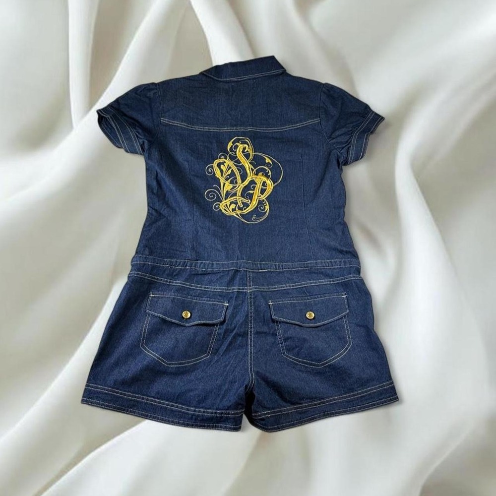 SouthPole dark wash denim short sleeve short romper gold logo y2k mcbling boho